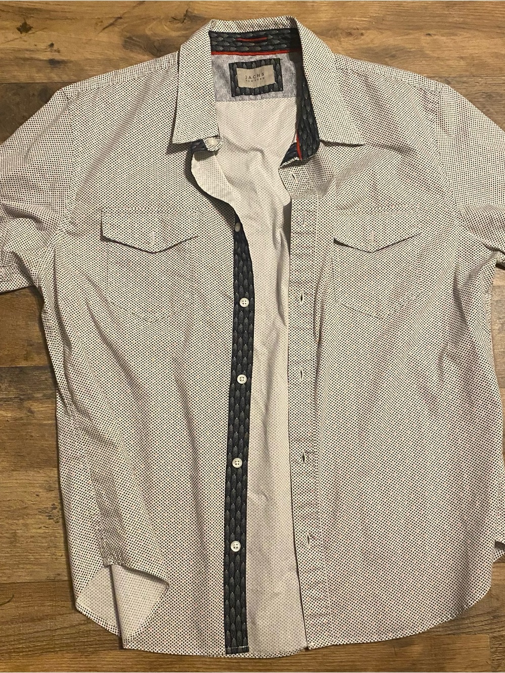 Jachs Men's White Microdot Dress Shirt with Navy Trim